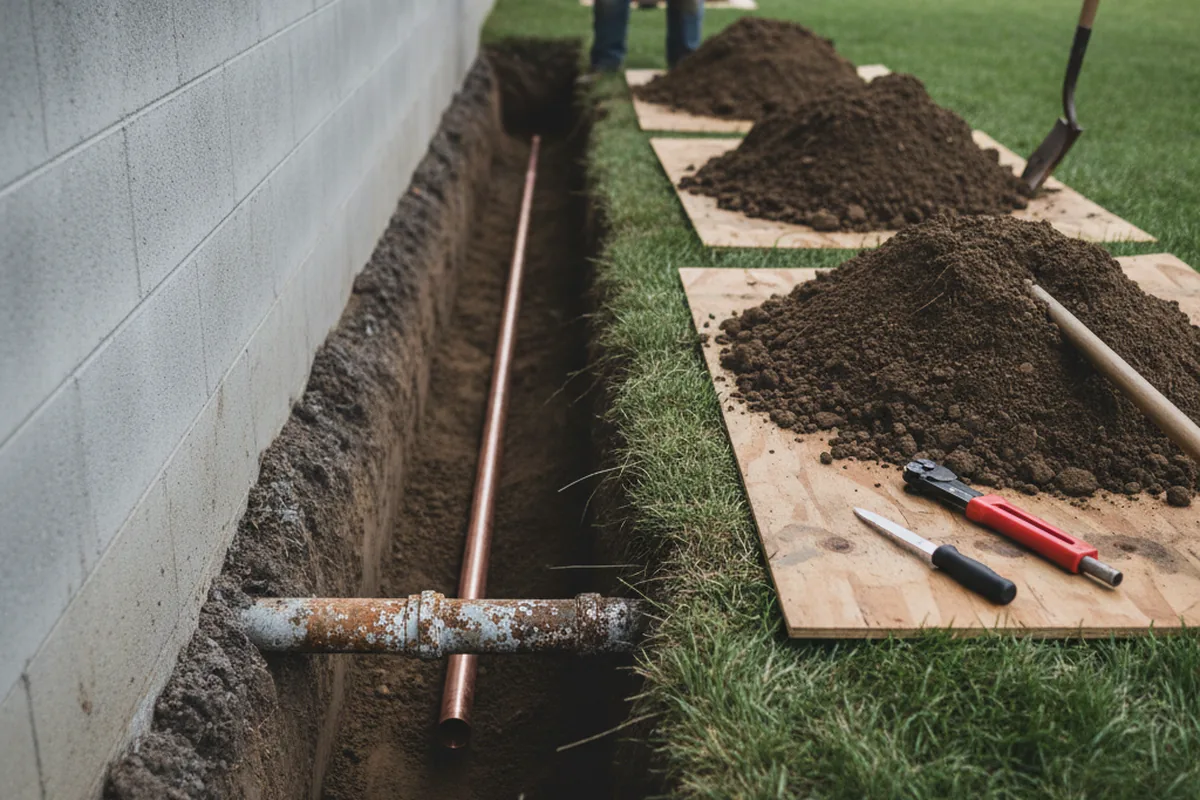 Excavated water line trench during Sewer Line Repair in Poquoson